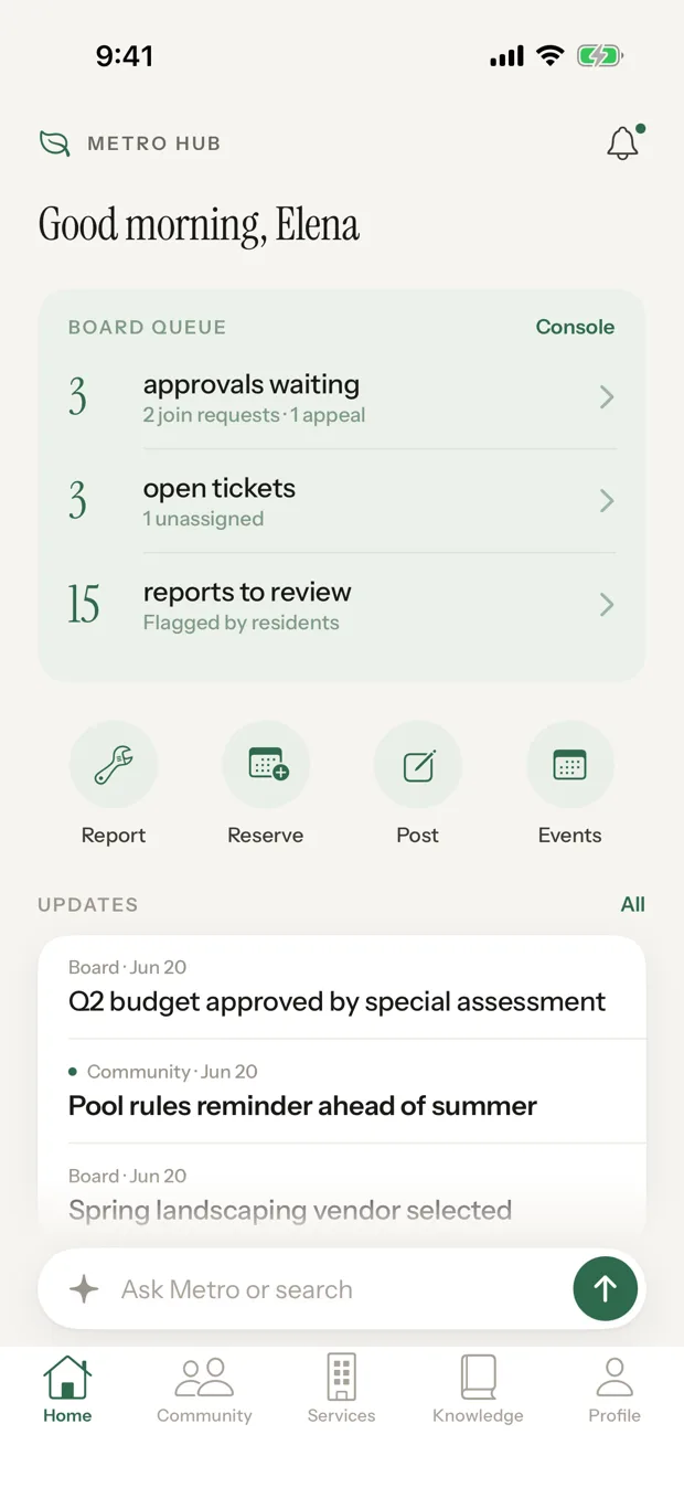 The Metro Hub home screen: a board queue, quick actions to report, reserve, post and browse events, recent updates, and an Ask Metro search bar.